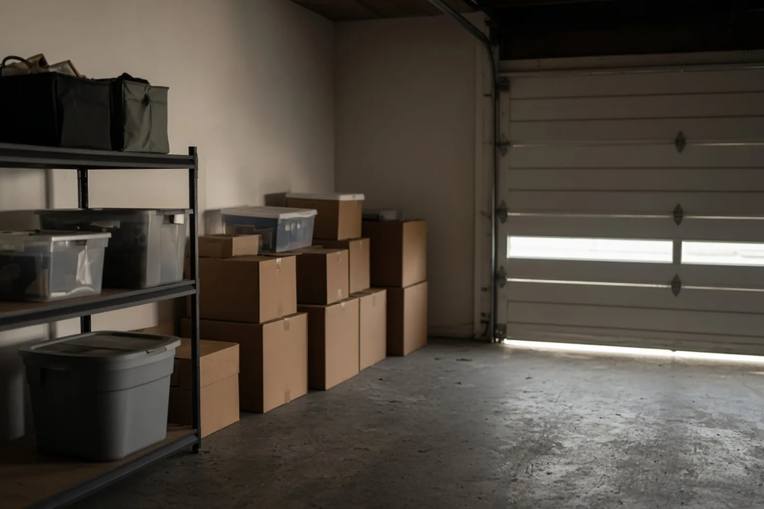 Attached garage interior with shelving, boxes and light under the door