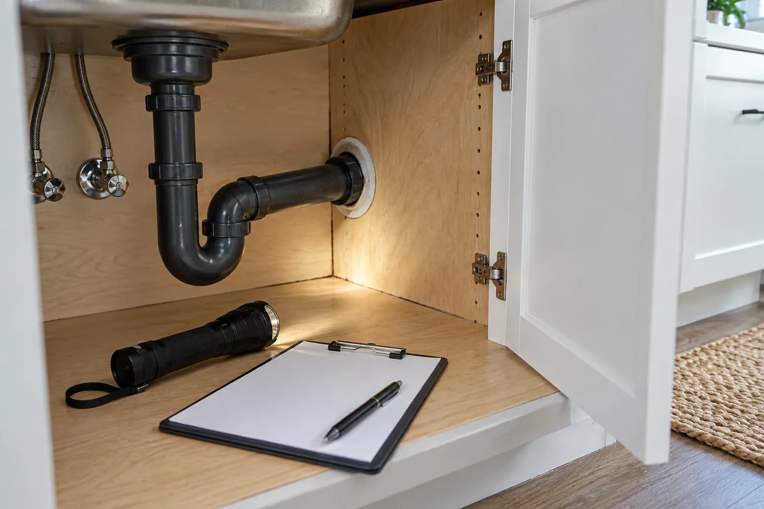 Kitchen cabinet and pipe penetration prepared for inspection