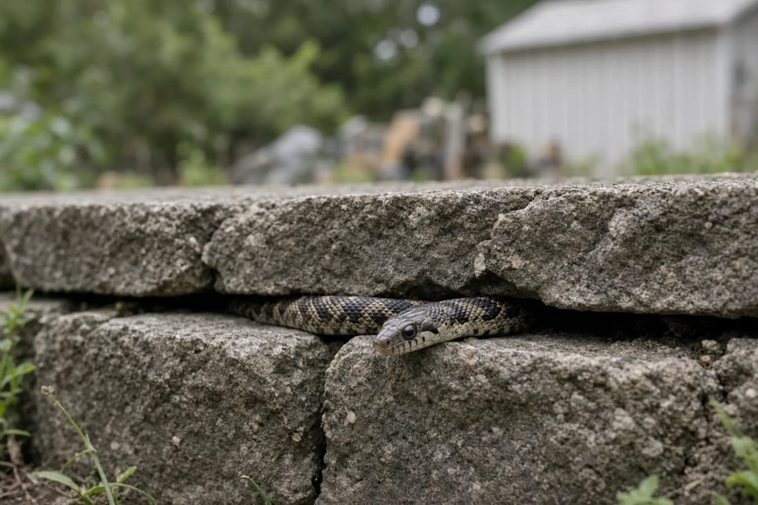 Snake at the edge of a stone retaining wall
