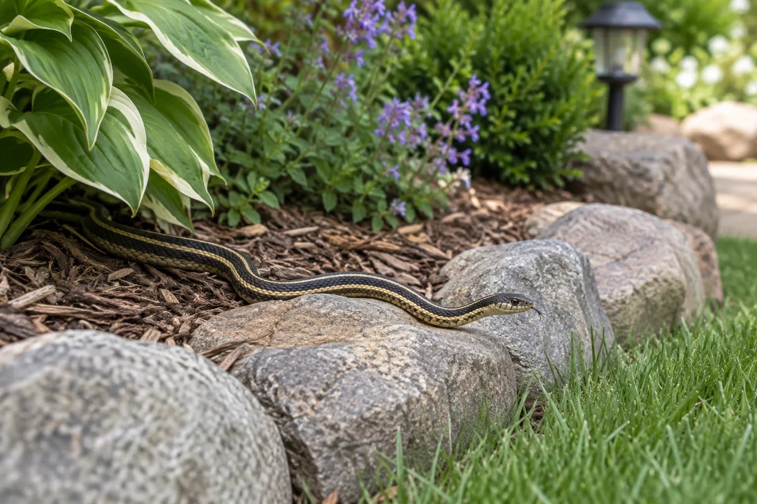 Striped snake along a garden rock border